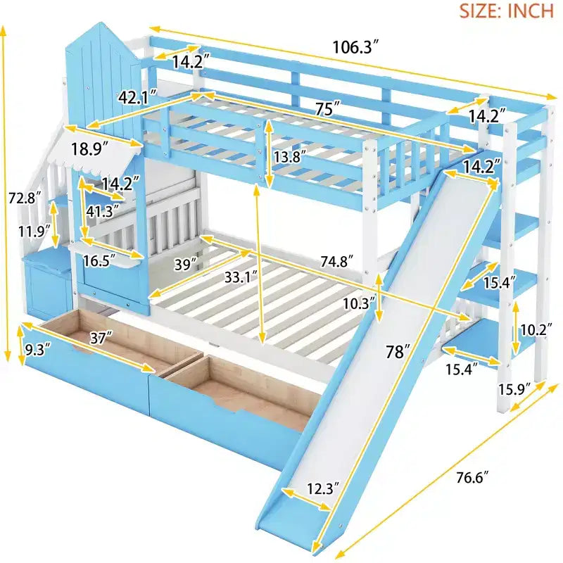 Letto a Castello "Castello" Twin Size con 2 Cassetti, 3 Ripiani e Scivolo, Letto Soppalco da Principessa per Bambini