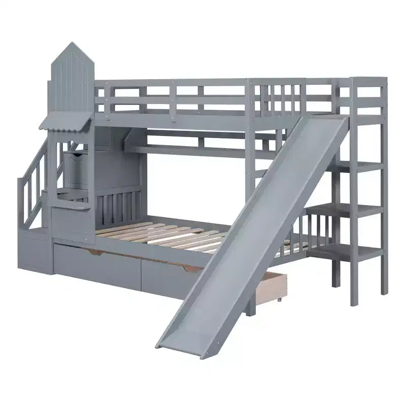 Letto a Castello "Castello" Twin Size con 2 Cassetti, 3 Ripiani e Scivolo, Letto Soppalco da Principessa per Bambini