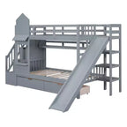 Letto a Castello "Castello" Twin Size con 2 Cassetti, 3 Ripiani e Scivolo, Letto Soppalco da Principessa per Bambini