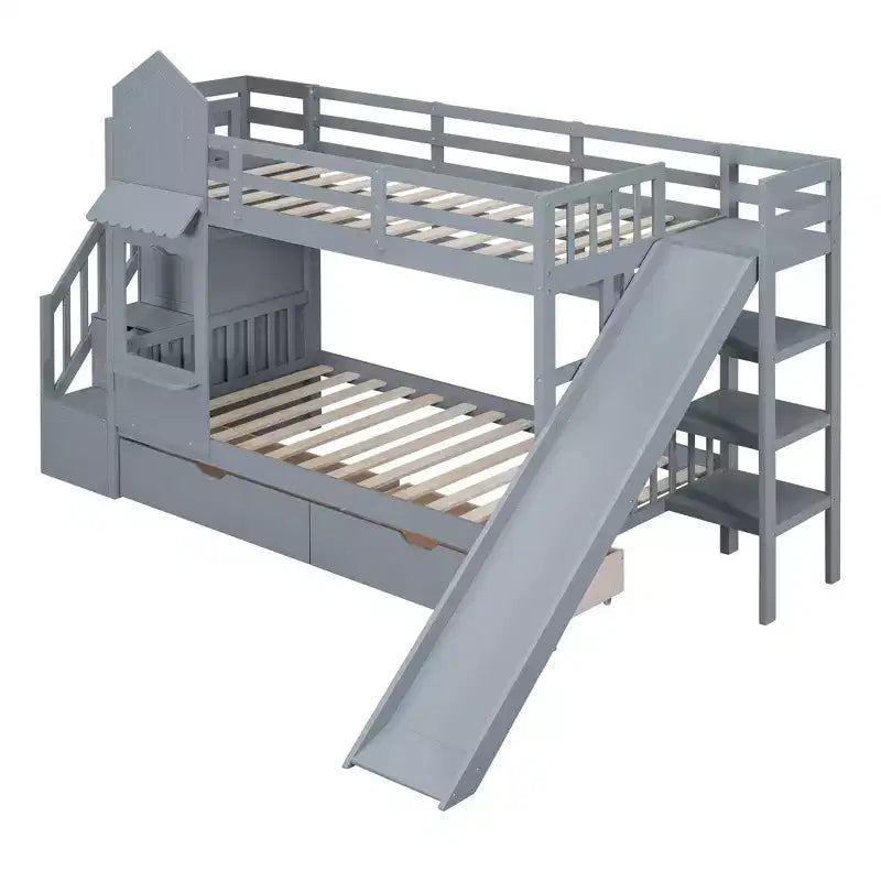Letto a Castello "Castello" Twin Size con 2 Cassetti, 3 Ripiani e Scivolo, Letto Soppalco da Principessa per Bambini