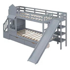 Letto a Castello "Castello" Twin Size con 2 Cassetti, 3 Ripiani e Scivolo, Letto Soppalco da Principessa per Bambini