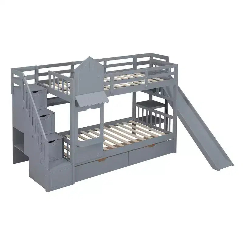 Letto a Castello "Castello" Twin Size con 2 Cassetti, 3 Ripiani e Scivolo, Letto Soppalco da Principessa per Bambini