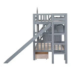 Letto a Castello "Castello" Twin Size con 2 Cassetti, 3 Ripiani e Scivolo, Letto Soppalco da Principessa per Bambini