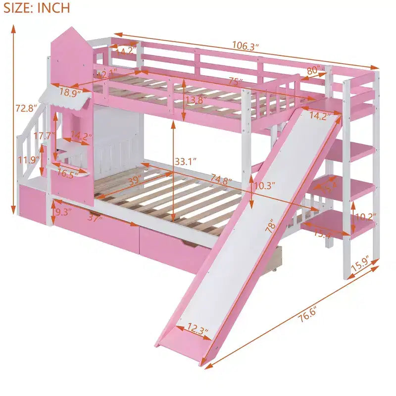 Letto a Castello "Castello" Twin Size con 2 Cassetti, 3 Ripiani e Scivolo, Letto Soppalco da Principessa per Bambini