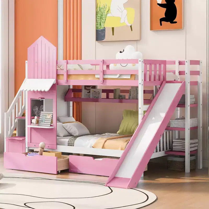 Letto a Castello "Castello" Twin Size con 2 Cassetti, 3 Ripiani e Scivolo, Letto Soppalco da Principessa per Bambini
