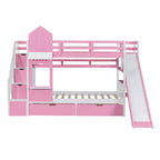 Letto a Castello "Castello" Twin Size con 2 Cassetti, 3 Ripiani e Scivolo, Letto Soppalco da Principessa per Bambini