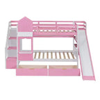 Letto a Castello "Castello" Twin Size con 2 Cassetti, 3 Ripiani e Scivolo, Letto Soppalco da Principessa per Bambini