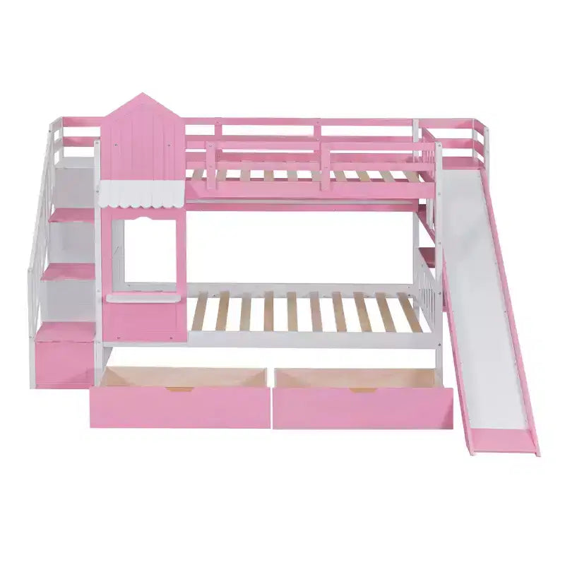 Letto a Castello "Castello" Twin Size con 2 Cassetti, 3 Ripiani e Scivolo, Letto Soppalco da Principessa per Bambini