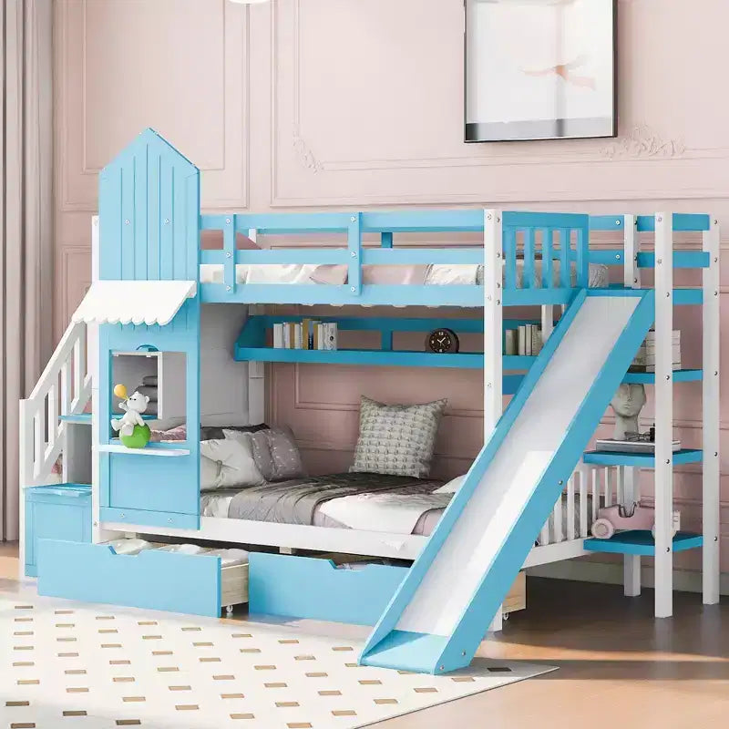 Letto a Castello "Castello" Twin Size con 2 Cassetti, 3 Ripiani e Scivolo, Letto Soppalco da Principessa per Bambini