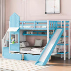 Letto a Castello "Castello" Twin Size con 2 Cassetti, 3 Ripiani e Scivolo, Letto Soppalco da Principessa per Bambini