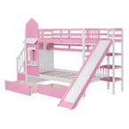 Letto a Castello "Castello" Twin Size con 2 Cassetti, 3 Ripiani e Scivolo, Letto Soppalco da Principessa per Bambini