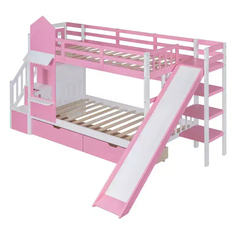 Letto a Castello "Castello" Twin Size con 2 Cassetti, 3 Ripiani e Scivolo, Letto Soppalco da Principessa per Bambini