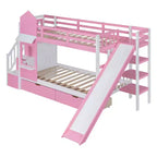 Letto a Castello "Castello" Twin Size con 2 Cassetti, 3 Ripiani e Scivolo, Letto Soppalco da Principessa per Bambini
