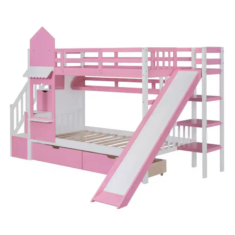 Letto a Castello "Castello" Twin Size con 2 Cassetti, 3 Ripiani e Scivolo, Letto Soppalco da Principessa per Bambini