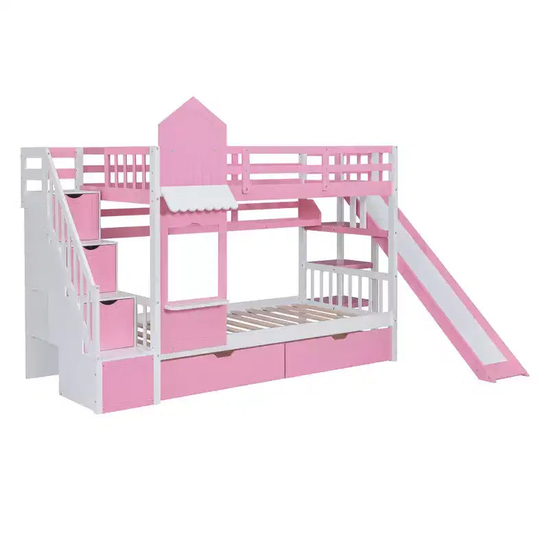 Letto a Castello "Castello" Twin Size con 2 Cassetti, 3 Ripiani e Scivolo, Letto Soppalco da Principessa per Bambini