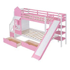 Letto a Castello "Castello" Twin Size con 2 Cassetti, 3 Ripiani e Scivolo, Letto Soppalco da Principessa per Bambini