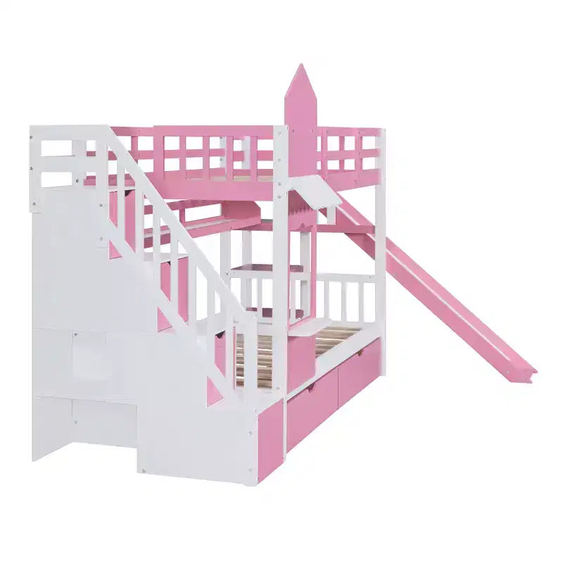 Letto a Castello "Castello" Twin Size con 2 Cassetti, 3 Ripiani e Scivolo, Letto Soppalco da Principessa per Bambini
