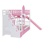 Letto a Castello "Castello" Twin Size con 2 Cassetti, 3 Ripiani e Scivolo, Letto Soppalco da Principessa per Bambini