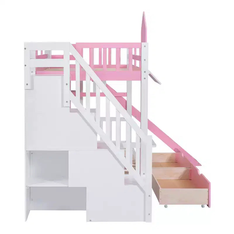 Letto a Castello "Castello" Twin Size con 2 Cassetti, 3 Ripiani e Scivolo, Letto Soppalco da Principessa per Bambini