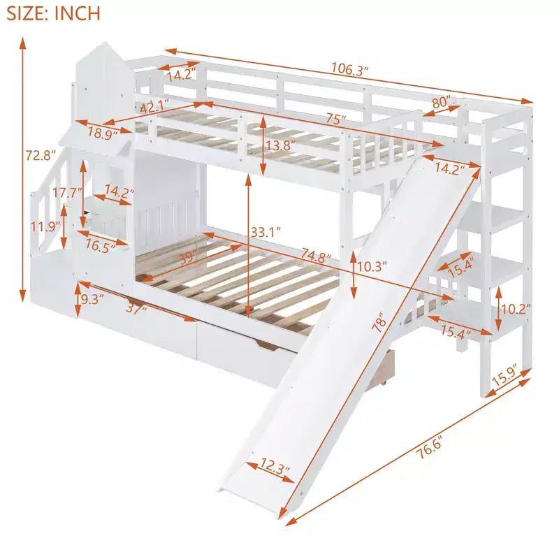 Letto a Castello "Castello" Twin Size con 2 Cassetti, 3 Ripiani e Scivolo, Letto Soppalco da Principessa per Bambini