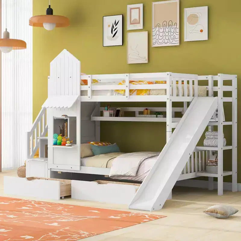 Letto a Castello "Castello" Twin Size con 2 Cassetti, 3 Ripiani e Scivolo, Letto Soppalco da Principessa per Bambini