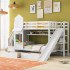 Letto a Castello "Castello" Twin Size con 2 Cassetti, 3 Ripiani e Scivolo, Letto Soppalco da Principessa per Bambini