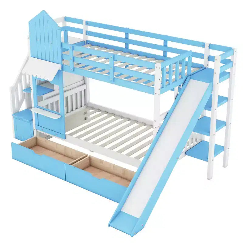 Letto a Castello "Castello" Twin Size con 2 Cassetti, 3 Ripiani e Scivolo, Letto Soppalco da Principessa per Bambini