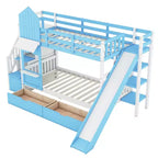 Letto a Castello "Castello" Twin Size con 2 Cassetti, 3 Ripiani e Scivolo, Letto Soppalco da Principessa per Bambini