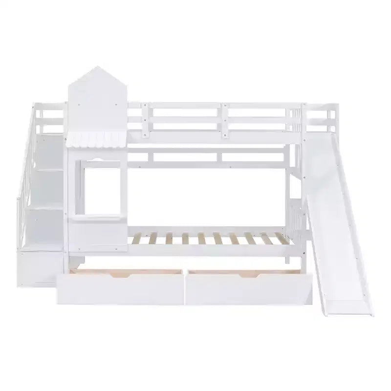 Letto a Castello "Castello" Twin Size con 2 Cassetti, 3 Ripiani e Scivolo, Letto Soppalco da Principessa per Bambini