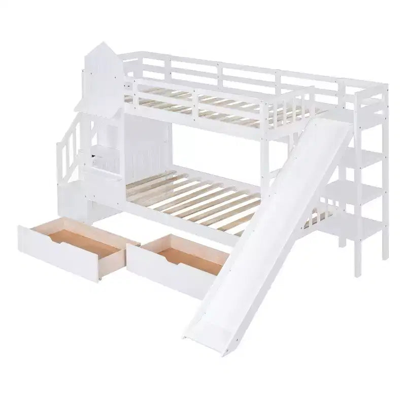 Letto a Castello "Castello" Twin Size con 2 Cassetti, 3 Ripiani e Scivolo, Letto Soppalco da Principessa per Bambini