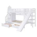 Letto a Castello "Castello" Twin Size con 2 Cassetti, 3 Ripiani e Scivolo, Letto Soppalco da Principessa per Bambini