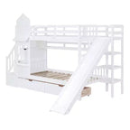 Letto a Castello "Castello" Twin Size con 2 Cassetti, 3 Ripiani e Scivolo, Letto Soppalco da Principessa per Bambini
