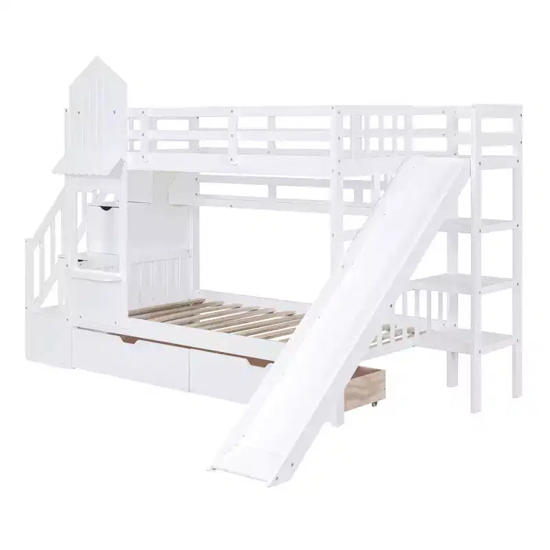 Letto a Castello "Castello" Twin Size con 2 Cassetti, 3 Ripiani e Scivolo, Letto Soppalco da Principessa per Bambini