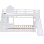Letto a Castello "Castello" Twin Size con 2 Cassetti, 3 Ripiani e Scivolo, Letto Soppalco da Principessa per Bambini
