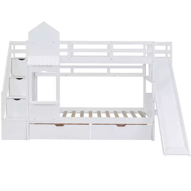 Letto a Castello "Castello" Twin Size con 2 Cassetti, 3 Ripiani e Scivolo, Letto Soppalco da Principessa per Bambini