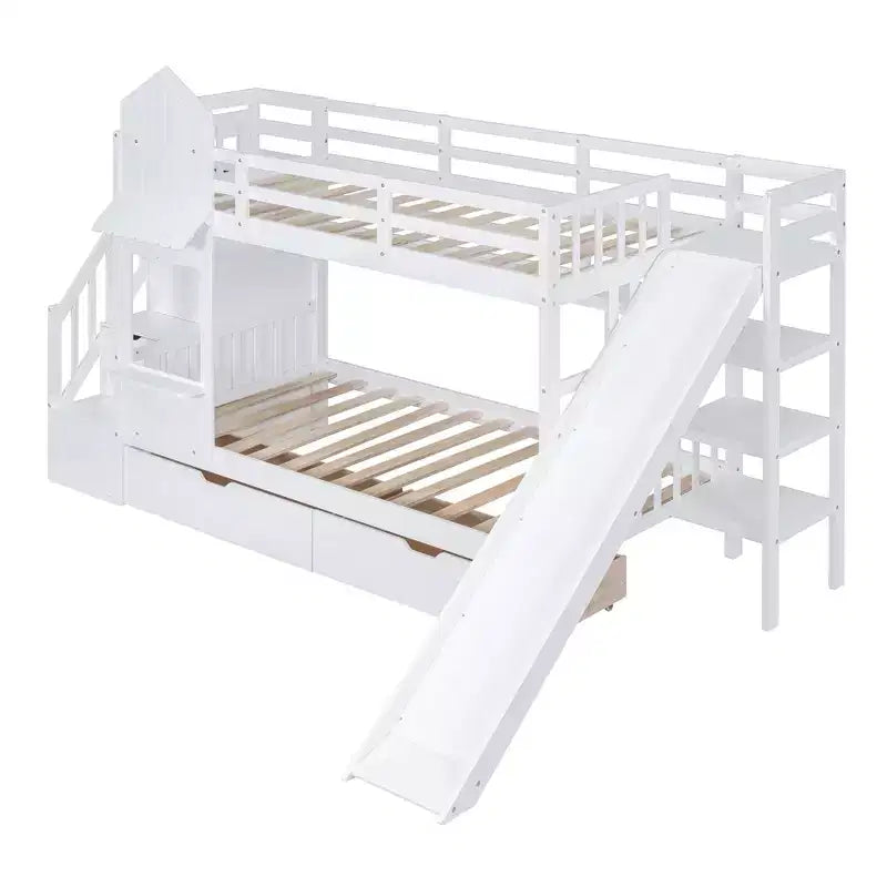 Letto a Castello "Castello" Twin Size con 2 Cassetti, 3 Ripiani e Scivolo, Letto Soppalco da Principessa per Bambini