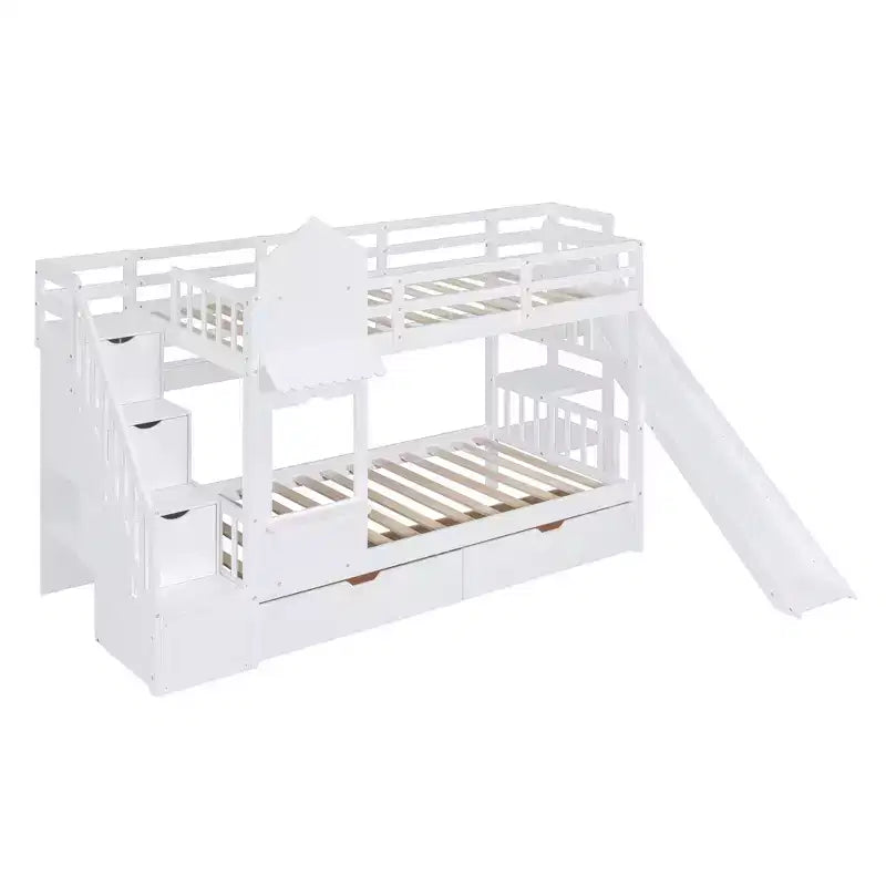 Letto a Castello "Castello" Twin Size con 2 Cassetti, 3 Ripiani e Scivolo, Letto Soppalco da Principessa per Bambini