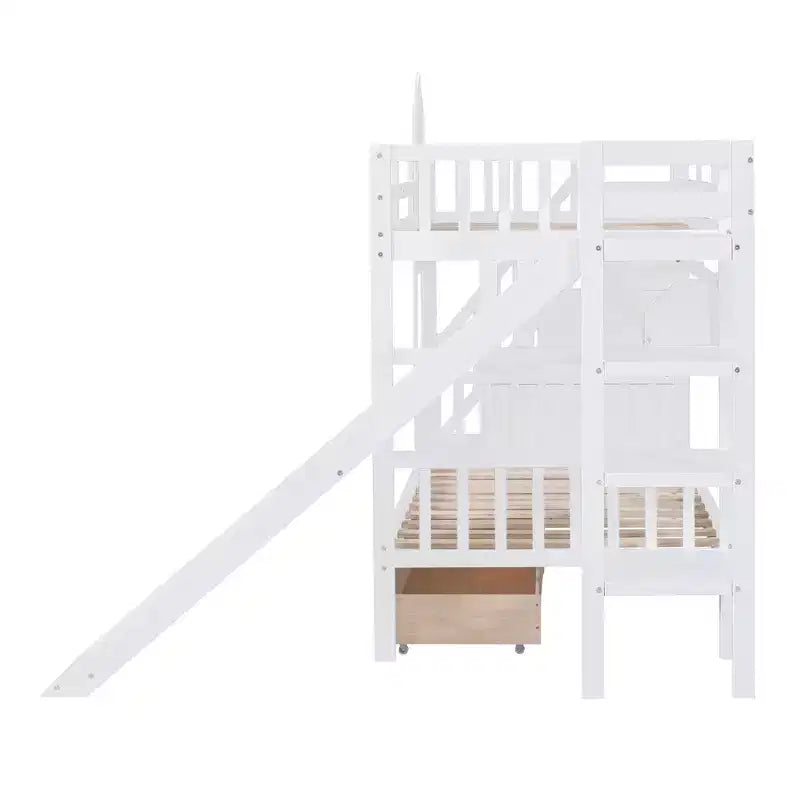 Letto a Castello "Castello" Twin Size con 2 Cassetti, 3 Ripiani e Scivolo, Letto Soppalco da Principessa per Bambini