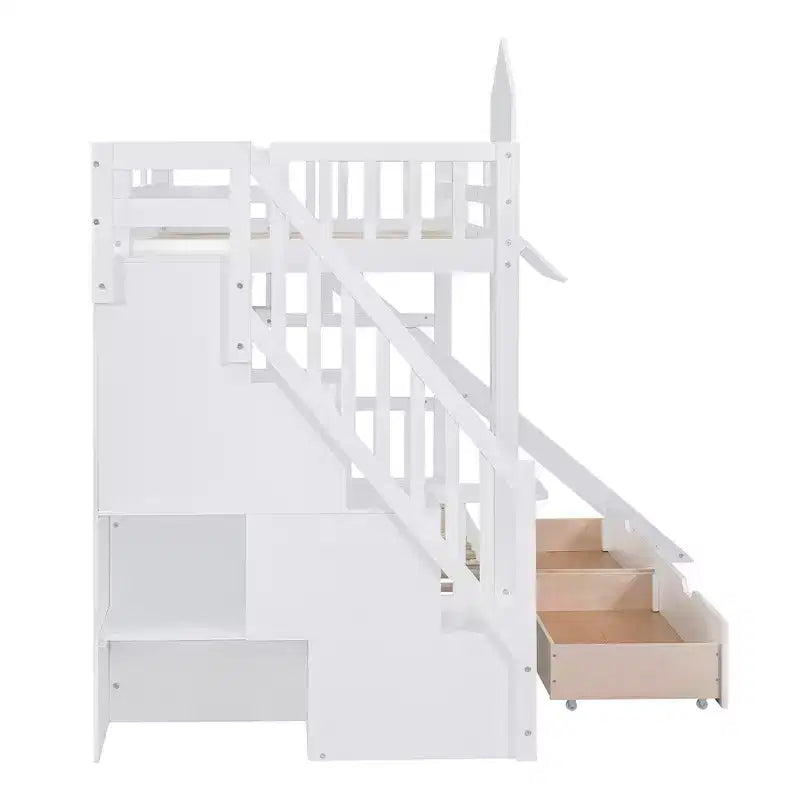 Letto a Castello "Castello" Twin Size con 2 Cassetti, 3 Ripiani e Scivolo, Letto Soppalco da Principessa per Bambini