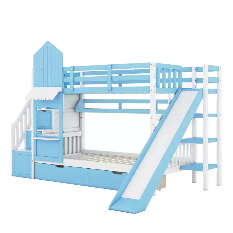 Letto a Castello "Castello" Twin Size con 2 Cassetti, 3 Ripiani e Scivolo, Letto Soppalco da Principessa per Bambini