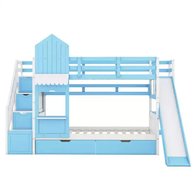 Letto a Castello "Castello" Twin Size con 2 Cassetti, 3 Ripiani e Scivolo, Letto Soppalco da Principessa per Bambini
