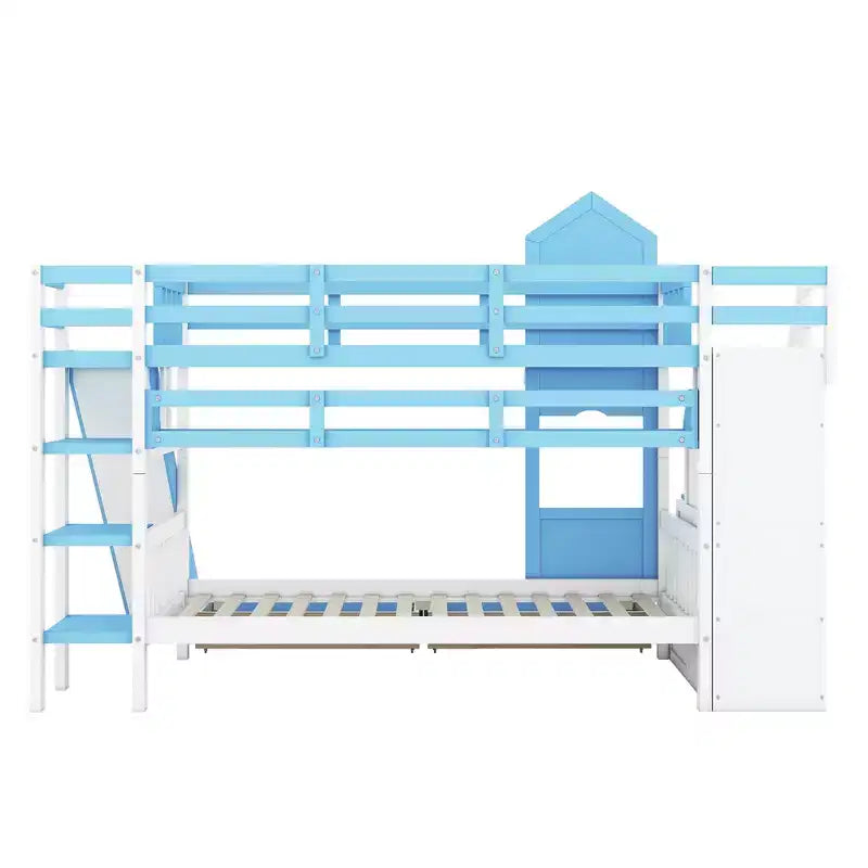 Letto a Castello "Castello" Twin Size con 2 Cassetti, 3 Ripiani e Scivolo, Letto Soppalco da Principessa per Bambini