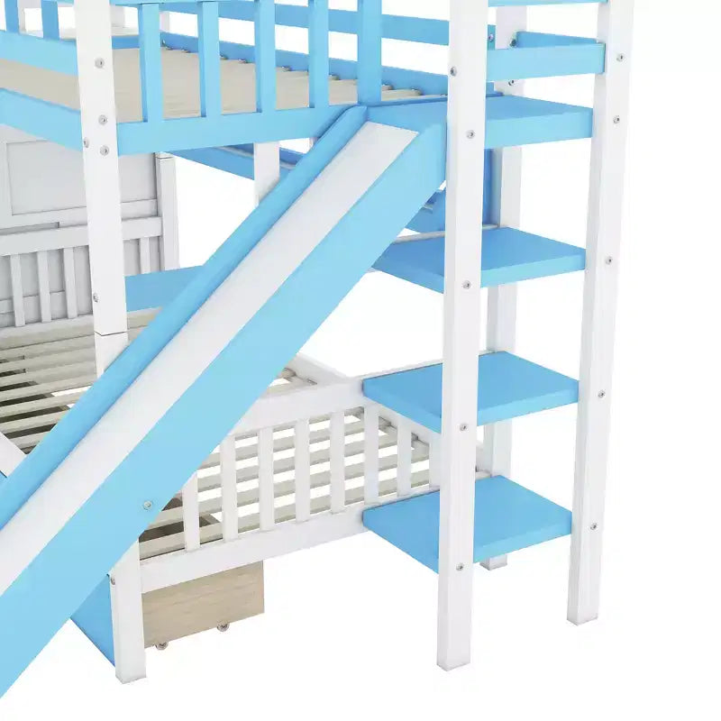 Letto a Castello "Castello" Twin Size con 2 Cassetti, 3 Ripiani e Scivolo, Letto Soppalco da Principessa per Bambini