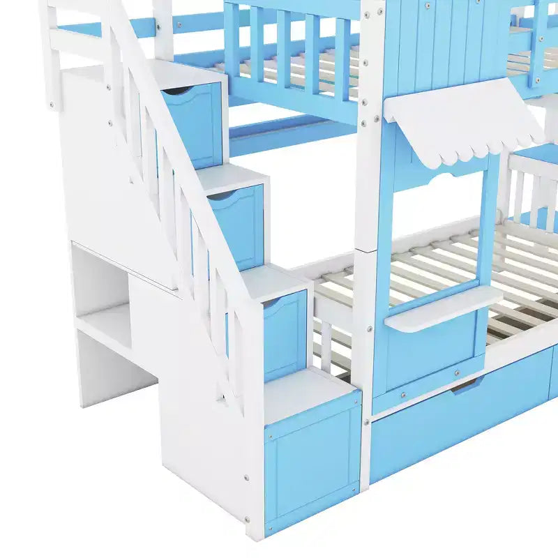 Letto a Castello "Castello" Twin Size con 2 Cassetti, 3 Ripiani e Scivolo, Letto Soppalco da Principessa per Bambini