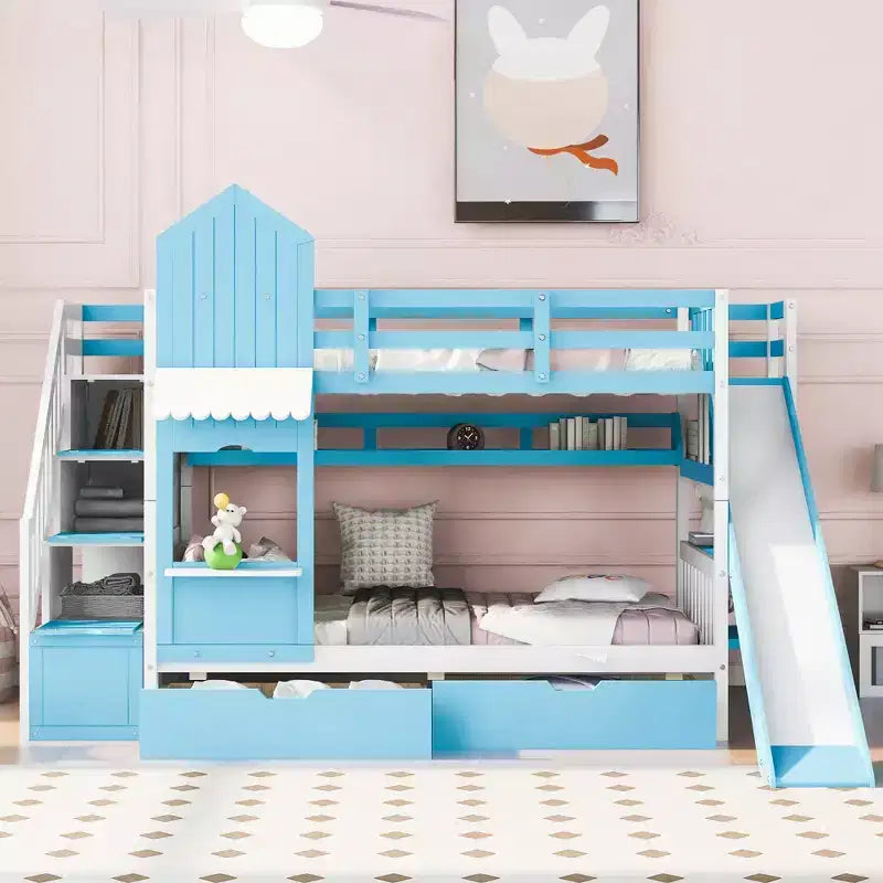 Bellemave Twin Size Castle Bunk Bed Frame with 2 Drawers, 3 Shelves & Slide, Princess Loft Bed for Kids, boys, girls