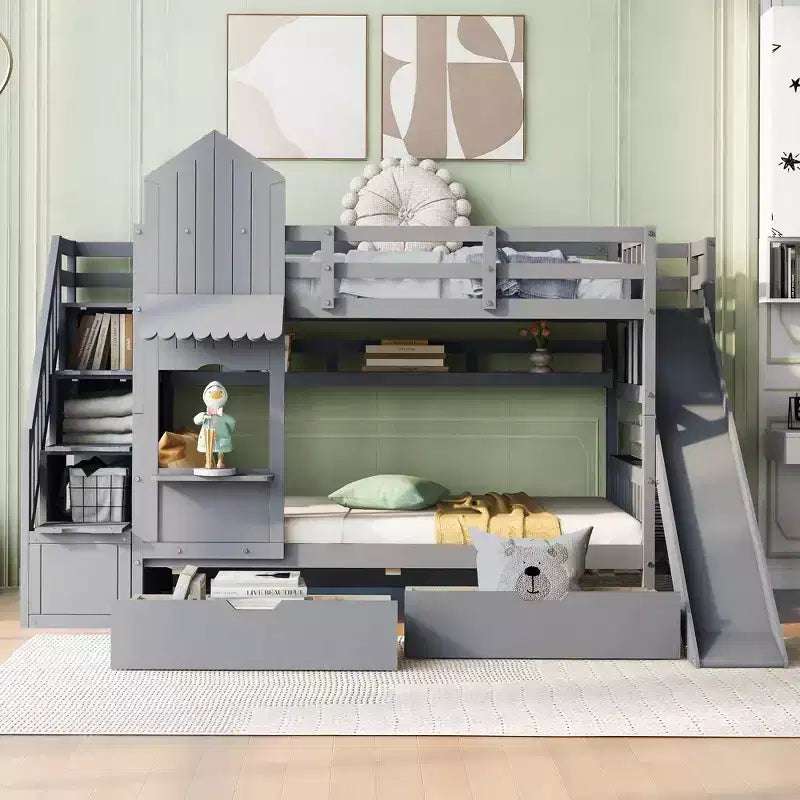 Letto a Castello "Castello" Twin Size con 2 Cassetti, 3 Ripiani e Scivolo, Letto Soppalco da Principessa per Bambini