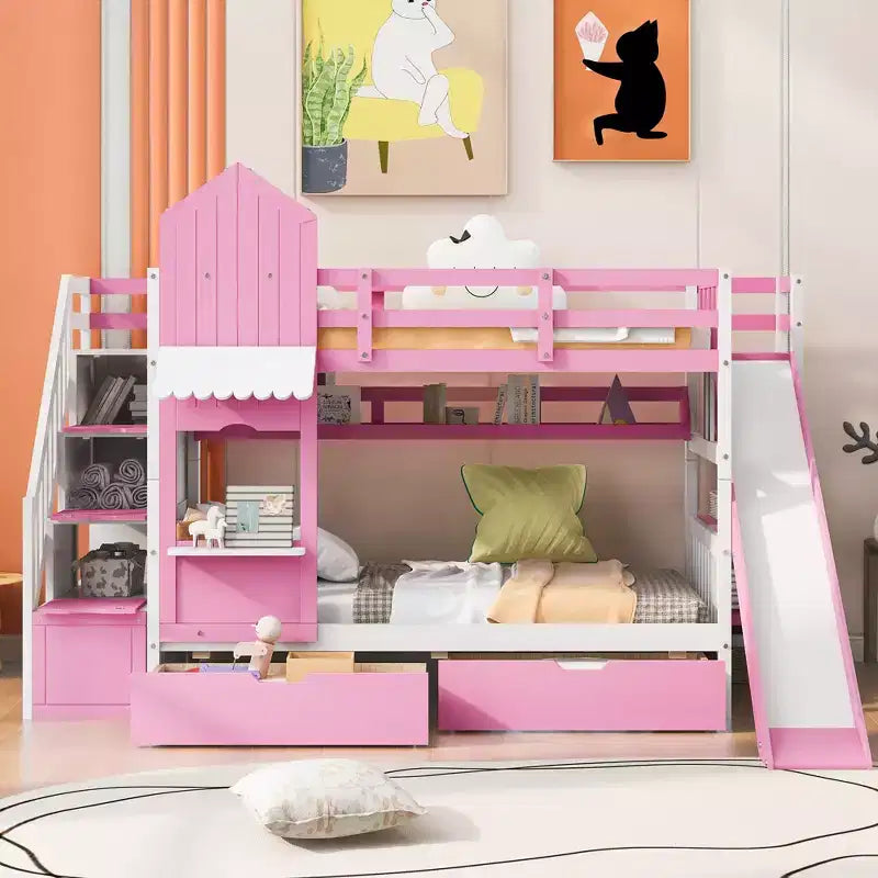 Letto a Castello "Castello" Twin Size con 2 Cassetti, 3 Ripiani e Scivolo, Letto Soppalco da Principessa per Bambini