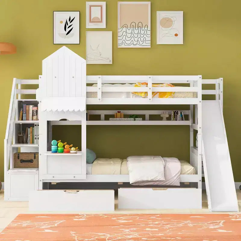 Letto a Castello "Castello" Twin Size con 2 Cassetti, 3 Ripiani e Scivolo, Letto Soppalco da Principessa per Bambini