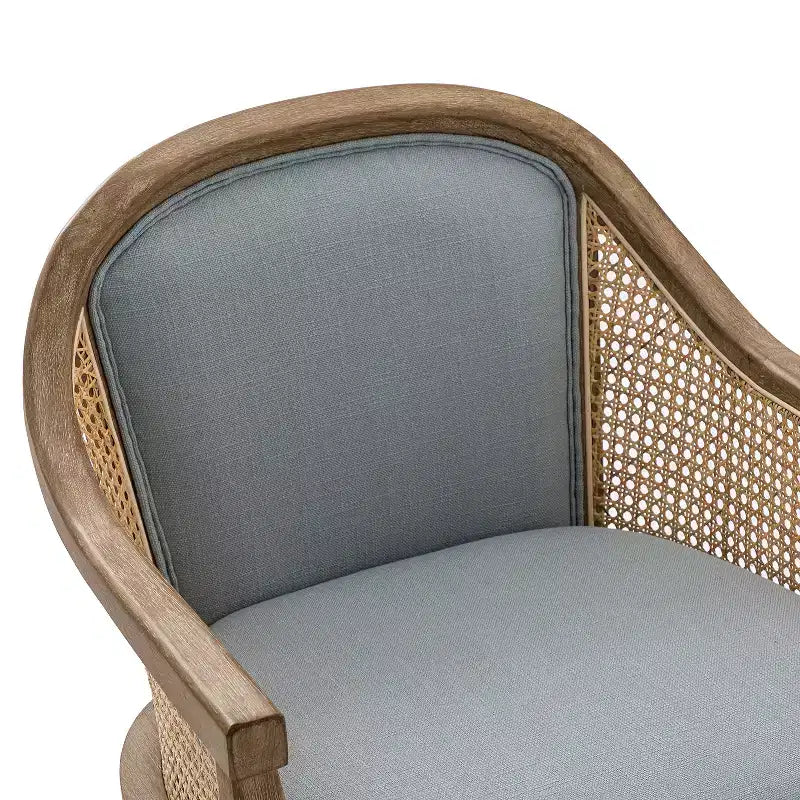 Sedia da lavoro girevole con braccioli in rattan e cuscino in misto lino naturale e schiuma