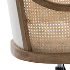Sedia da lavoro girevole con braccioli in rattan e cuscino in misto lino naturale e schiuma